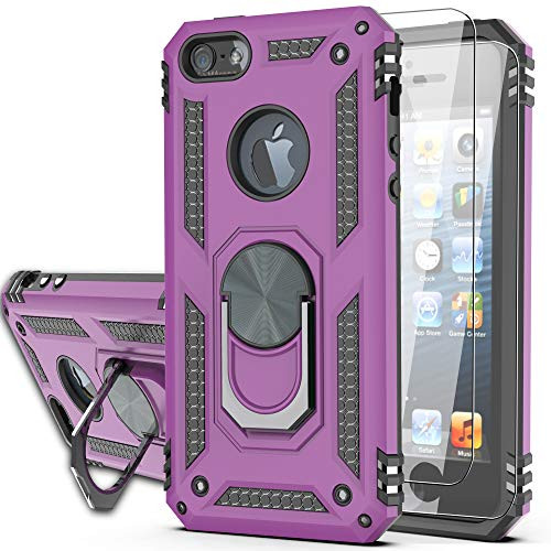 YmhxcY iPhone SE Case  2016  iPhone 5S Case  iPhone 5 Case with Tempered Glass Screen Protector  2 Pack  360 Degree Rotating Ring Double Layer Shockproof Case for for for iPhone 5-JH Purple
