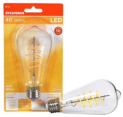 Sylvania LED Spiral Filament ST19 Light Bulb  40W Equivalent Efficient 6.5W  Medium Base  Dimmable Clear 2700K Soft White  1 Pack