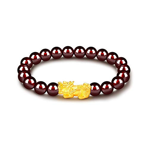 Feng Shui Amulet Bracelet Prosperity 8mm Red Garnet Bead Bracelet with 1 Gold Plated Pi Xiu Pi Yao Lucky Wealthy Brecelet
