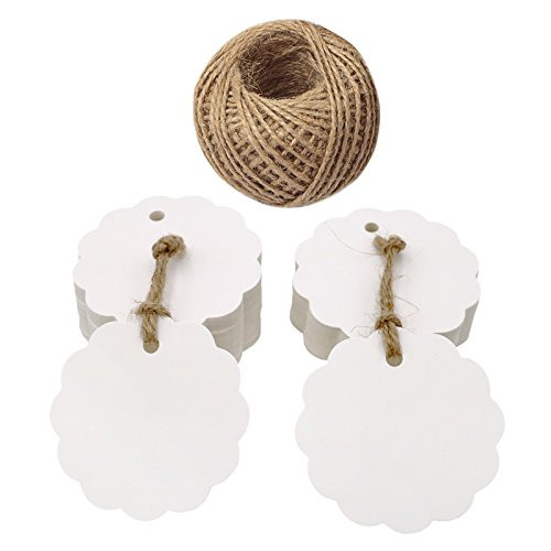 jijAcraft 100 PCS White Flower Kraft Paper Gift Tags,Round Wedding Favor Kraft Hang Tags with 100 Feet Jute Twine