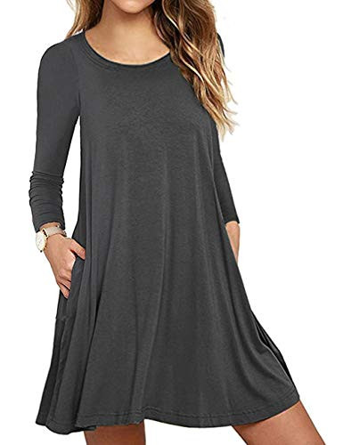 Sanifer Women s Casual Long Sleeve T Shirt Dress with Pockets Plus Size Swing Tunic Dress  S  Gray