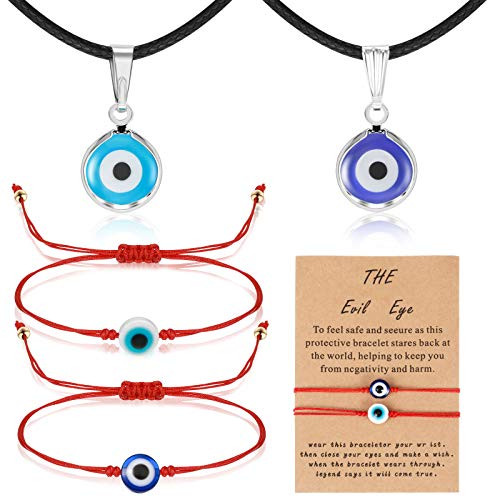 Yaomiao Evil Eye Necklace with Evil Eye Bracelet Set  2 Pieces Amulet Lucky Bracelets with Card  2 Pieces Evil Eye Pendant Necklaces Turkish Blue Necklace for Women Men Girls Boys  Elegant Style