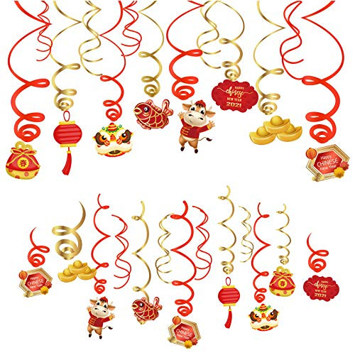 30 Pieces 2021 Chinese New Year Hanging Foil Swirl Decorations Year of The Ox Hanging Swirls Ceiling Hanging Spiral Decor for Indoor Outdoor Chinese New Year Decoration Supplies