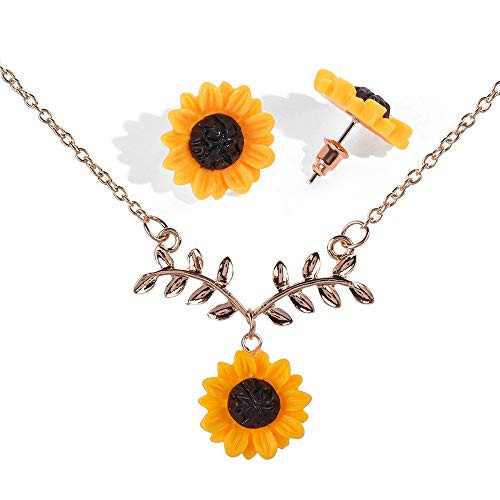 Eiffy Resin Sunflower Leaf Pendant Necklace for Women Yellow Daisy Sun Flowers Stud Earring Jewelry Set Gift Rose Gold Eiffy Resin Sunflower Leaf Pendant Necklace for Women Yellow Daisy Sun Flowers Stud Earring Jewelry Set Gift Rose Gold