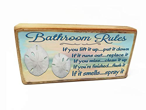 Blackwater Trading Mini Wooden Bathroom Rules If It Smells Spray It Beach Sand Dollar Shelf Sitting Sign Block 2.5 inch X 5 inch