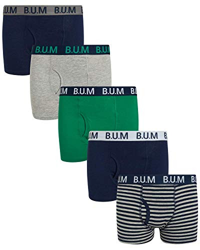 B.U.M. Equipment Boys 5 Pack Solid Boxer Briefs Underwear  Medium   8-10  Teal Navy Stripes