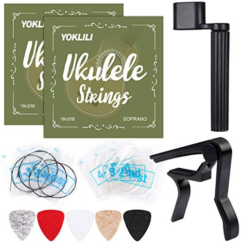 Ukulele Strings  Yoklili 2 Sets of Black and Clear Nylon Ukelele Strings with 5 Felt Picks  String Winder for Soprano  21 Inch  Concert  23 Inch  Ukulele  Bonus Capo included