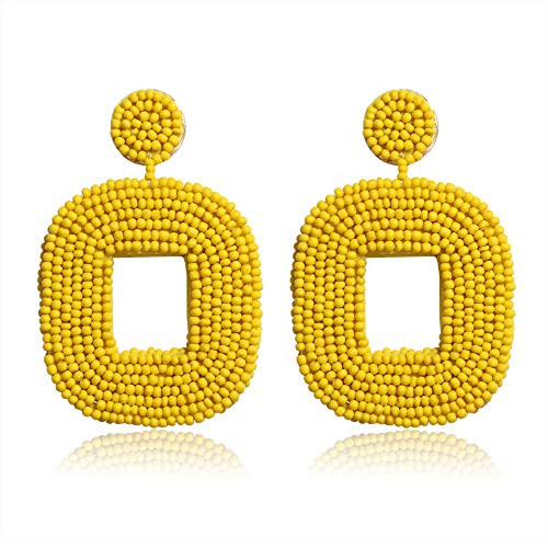 Boderier Beaded Drop Earrings Bohemian Wire Wrapped Beaded Square Hoop Dangle Statement Earrings  Yellow