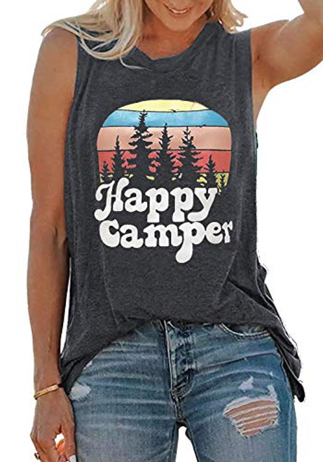 Happy Camper Tank Tops Vacation T Shirt for Women Sunset Graphic Summer Shirts Casual Sleeveless Tees  Grey  Medium