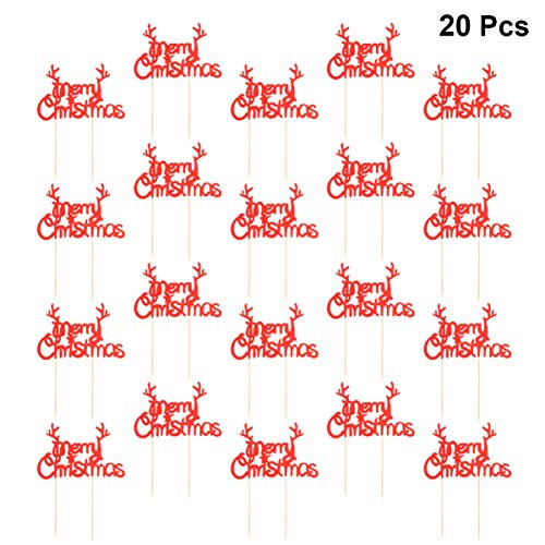 Amosfun 20pcs Deer Antler Cupcake Topper Glitter Merry Christmas Cake Topper Dessert Fruit Insertion Pick For New Year Holiday Wedding Birthday  Red