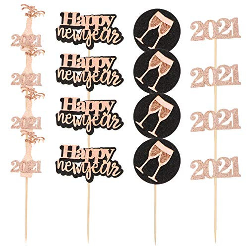 KESYOO 20pcs 2021 Happy New Year Cake Toppers Pink Glitter Cupcake Toppers Cake Dessert Picks Christmas New Year Eve Party Supplies