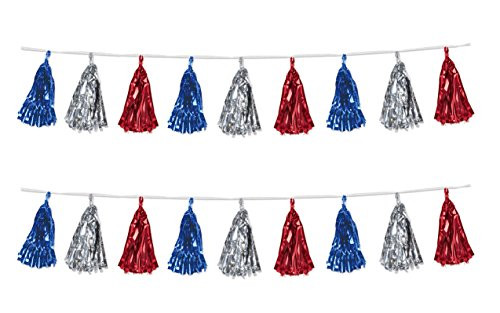 Beistle 59927-RSB Beistle 59927-RSB, 2 Piece Metallic Tassel Garlands, 9.75" x 8', 9.75" x 8', Red/Silver/Blue
