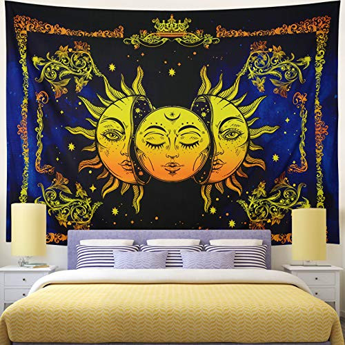 Rajahubri Sun and Moon Tapestry Psychedelic Celestial Wall Tapestry Burning Sun with Star Tapestry Mystic Fractal Faces Tapestry Wall Hanging for Room H51.2xW59.1