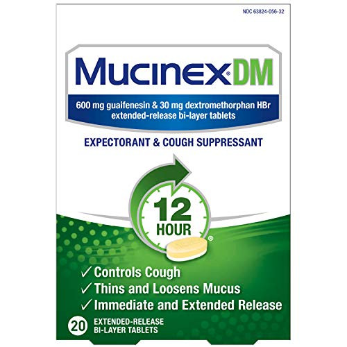 Cough Suppressant and Expectorant  Mucinex DM 12 Hr Relief Tablets  20ct  600 mg Guaifenesin  30 mg Dextromethorphan HBr  Controls Cough and Thins  and  Loosens Mucus That Causes Cough  and  Chest Congestion