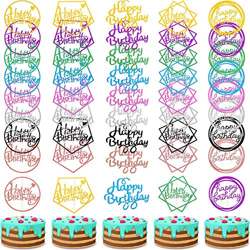 Boao 40 Pieces Happy Birthday Cake Toppers Glitter Birthday Cupcake Topper Assorted Color Cake Pick Decorations for Birthday Party Cake Desserts Pastries  5 Styles