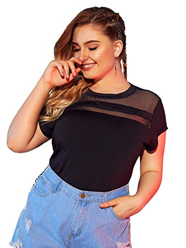 Romwe Women s Plus Size Casual Short Sleeve Contrast Mesh Striped Tee Tops Shirts Black1 2X Plus