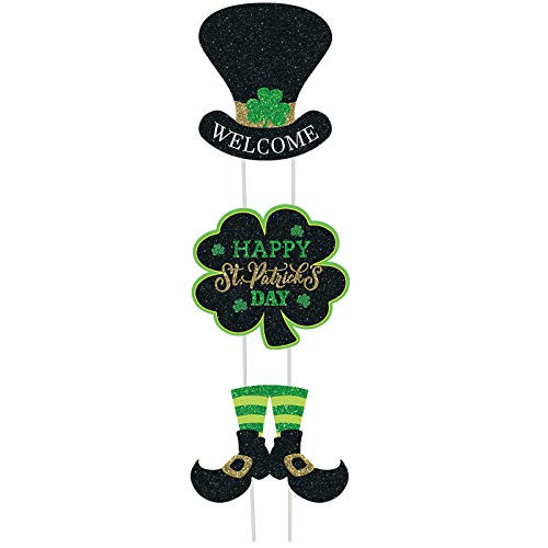 3 Pieces St. Patrick s Day Yard Signs with Stakes  St. Patrick s Day Clover Signs Outdoor Lawn Decorations Irish Leprechaun Horseshoe Shamrock with Happy St Patrick s Day Sign with Stakes