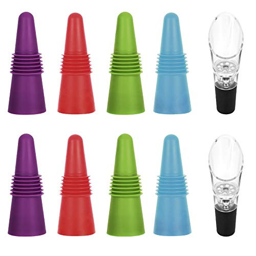 Wine Bottle Stoppers  Set of 8 Wine Stoppers with 2 Wine Aerators Pourers  Bright Color Silicone Resuable Wine Topper Stoppers for Wine Bottles  with Non-Leak Wine Aerating Decanter Spout