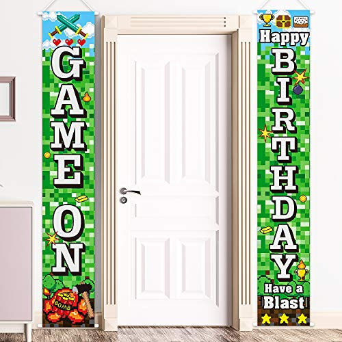 Pixelated Party Decorations Video Game Sign  Pixelated Miner Crafting Happy Birthday Banners Gamer Birthday Party Video Game Backdrop Block Game Night Decoration for Pixelated Video Game Party Supply