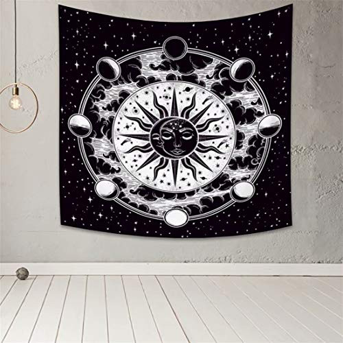 Qinunipoto Sun and Moon Tapestry Burning Sun Black and White Tapestry Wall Hanging Starry Sky Tapestry Galaxy Moon Phases Tapestry Psychedelic Cloud Tapestry Hippie for Bedroom Living Room 30x30inch