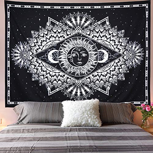 Galoker Sun and Moon Tapestry Psychedelic Bohemian Mandala Tapestry Burning Sun with Star Tapestry Black and White Hippy Tapestry Wall Hanging for Home Decor H51.2xW59.1 inches