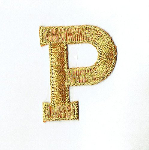 Alphabet Letter - P- Color Gold - 2 inch Block Style - Iron On Embroidered Applique Patch
