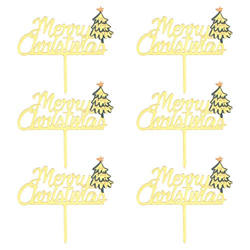 HEMOTON 6 Pcs Merry Christmas Cake Toppers Acrylic Xmas Tree Glitter Letter Cupcake Toppers Dessert Fruit Insertion Pick for New Year Holiday Wedding Birthday Party Favors