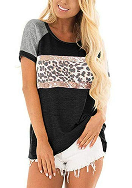 Women Short Sleeve Leopard Sequin T Shirt Color Block Tunic Tops Crewneck Tee Blouse Women Short Sleeve Leopard Sequin T Shirt Color Block Tunic Tops Crewneck Tee Blouse