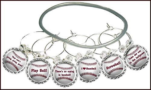 Baseball Wine Charms - Glass Tag Identifiers  Baseball Gifts For Dad  Glass Markers  Softball Gifts  Bottle Cap Wine Charms - 6 wine charms