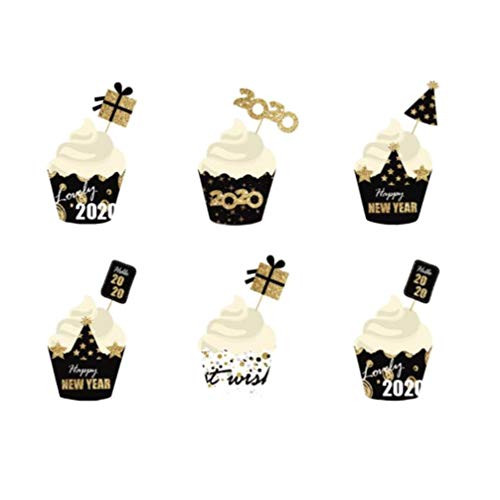 UPKOCH 24Pcs 2020 Happy New Year Cake Toppers Cupcake liners Cupcake Toppers 2020 New Year Eve Party Decorations Supplies  12pcs Toppers  plus 12pcs Wrappers