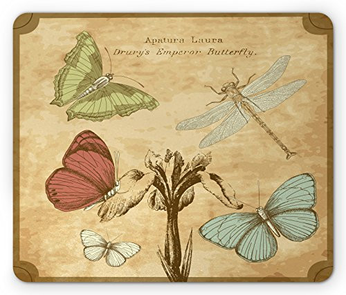 Ambesonne Dragonfly Mouse Pad  Retro Style Butterflies with Flower Petals and Grunge Effects Artwork  Rectangle Non-Slip Rubber Mousepad  Standard Size  Brown Caramel