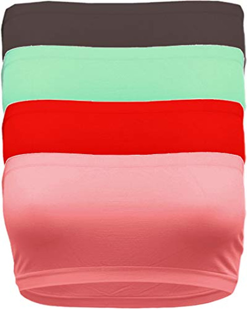 Strapless Bandeau Bra  Seamless Stretchy Crop Tube Top Pack Sets of 4 or Single RED_MNT_BRWN_COR-OS