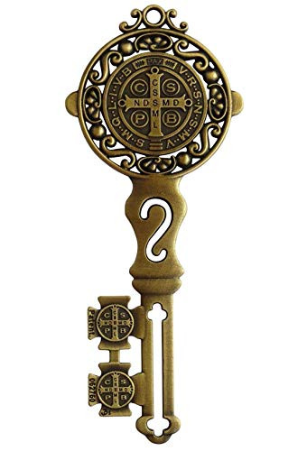 Large Saint Benedict Key With Wallet Size Prayer Card Brass Tone Finish Wall Decor Hang On Door Blessing Llave De San Benito Medalla de San Benito St Benedict Medal Key Brass Tone