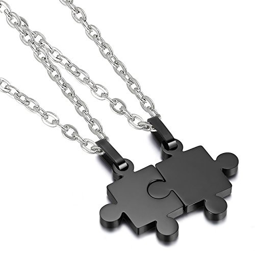 Cupimatch 2 Pieces Stainless Steel Puzzle Matching Pendant Couple Necklace Set with 18 inch and 22 inch Chain Black Cupimatch 2 Pieces Stainless Steel Puzzle Matching Pendant Couple Necklace Set with 18 inch and 22 inch Chain Black