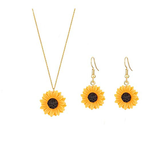WLLAY Sunflower Necklace Pendant Dangle Earring Set for Women Boho Resin Sunflower Sun Flower Choker Necklace for Women Girls  gold WLLAY Sunflower Necklace Pendant Dangle Earring Set for Women Boho Resin Sunflower Sun Flower Choker Necklace for Women Girls  gold