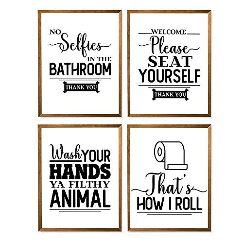 No Selfie in The Bathroom Quote Print - 8 inch x 10 inch - Unframed  Wash Your Hand Sayings Art  Please Seat Yourself Modern Toilet Poster  Funny Bathroom Poster  Funny Toilet Sign  Set of 4
