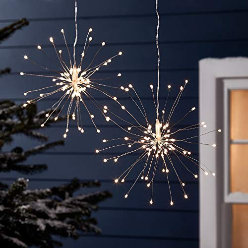 Lights4fun  Inc. 2 Pack of Warm White Micro LED Battery Operated Indoor  and  Outdoor Hanging Starburst Firework Lights