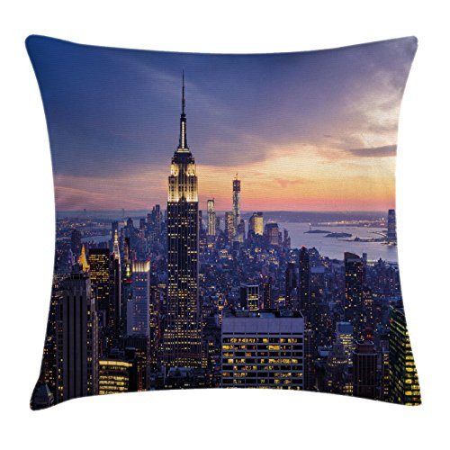 Ambesonne Modern Decor Throw Pillow Cushion Cover by, New York City Skyline with Skyscrapers at Sunset Night American Town Image, Decorative Square Accent Pillow Case, 18 X 18 Inches, Blue Orange