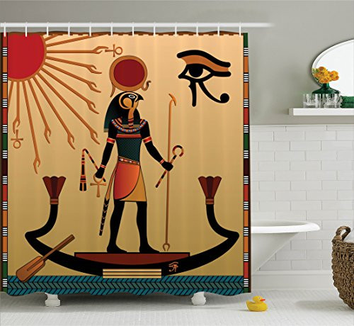 Ambesonne Egyptian Shower Curtain, Ancient Figure Sun Old Egyptian Religion Grace Icons Tradition Illustration Print, Fabric Bathroom Decor Set with Hooks, 75 Inches Long, Multicolor