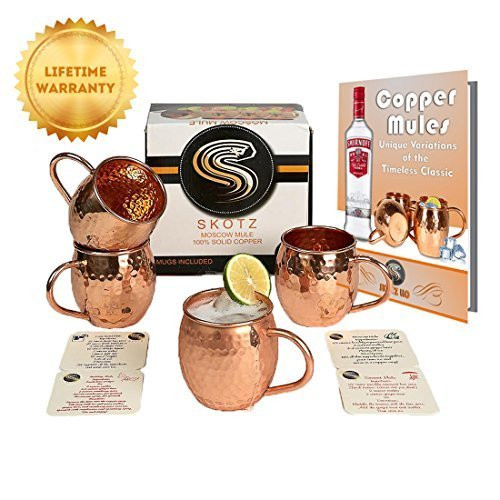 Solid Copper Moscow Mule Copper Mugs Handcrafted 100% Pure Hammered Copper 16 Oz Authentic Cups with Copper Handle Set of 4 Bonus FREE Set of 4 Coasters Free Recipe E-Book & Solid Copper Shot glass!