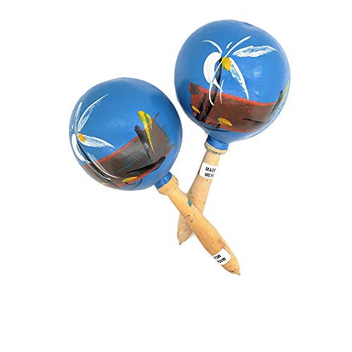 Blue - 8 inch Hand Made Genuine Mexican Real Wooden Maracas  Pack of 2  Hand Painted. Wood. Noisemaker. Latin Dance Party Fiesta Musical Instrument.