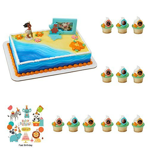 Disney Moana Complete Cake Cupcake Rings Decoration Set (1 Cake Topper, 12 Cupcake Rings) Birthday Party Supplies Favors
