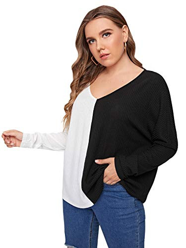 Romwe Women s Plus Size Ribbed Color Block Long Sleeve V Neck Loose T Shirts Tee Tops Black White 1XL