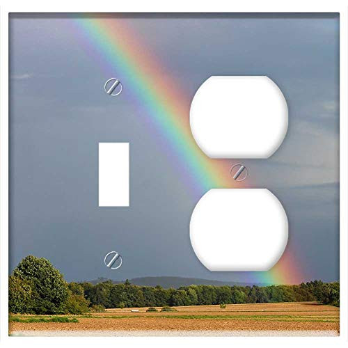 2-Gang  Toggle Outlet Combination Wall Plate Cover - Rainbow Sky Fields Rainbow Colors Evening Sun 1