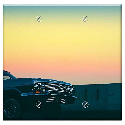 Double Blank Wall Plate Cover - Sunset Dusk Sky Yellow Car Automotive Vintage