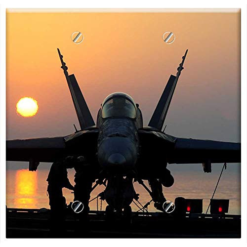Double Blank Wall Plate Cover - Sunset Silhouettes Military Aircraft Crew Jet