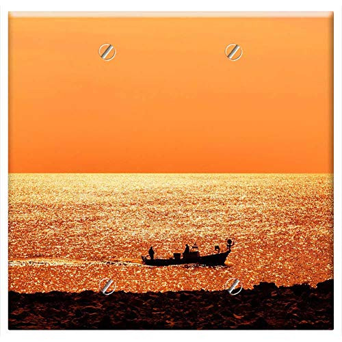 Double Blank Wall Plate Cover - Sea Boat Sunset Gold Sunlight Horizon Double Blank Wall Plate Cover - Sea Boat Sunset Gold Sunlight Horizon