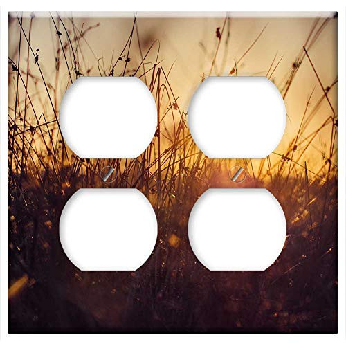 Double Duplex Outlet Wall Plate Cover - Grass Plants Nature Sunset Through Sunlight Scene