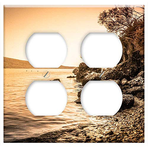 Double Duplex Outlet Wall Plate Cover - Beach Sea Black And White Greece Afternoon Sunset