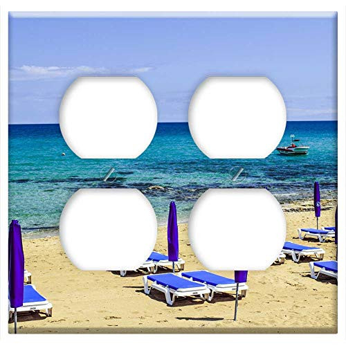 Double Duplex Outlet Wall Plate Cover - Beach Sand Sea Sunbed Umbrella Vacation Blue